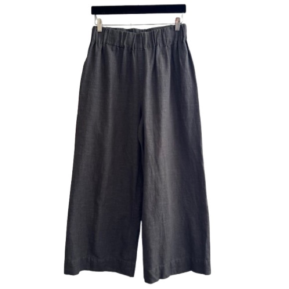 Rise Linen Grey High Rise Wide Leg Pants Pull On Stretch Waist Boho Lagenlook - Picture 1 of 8